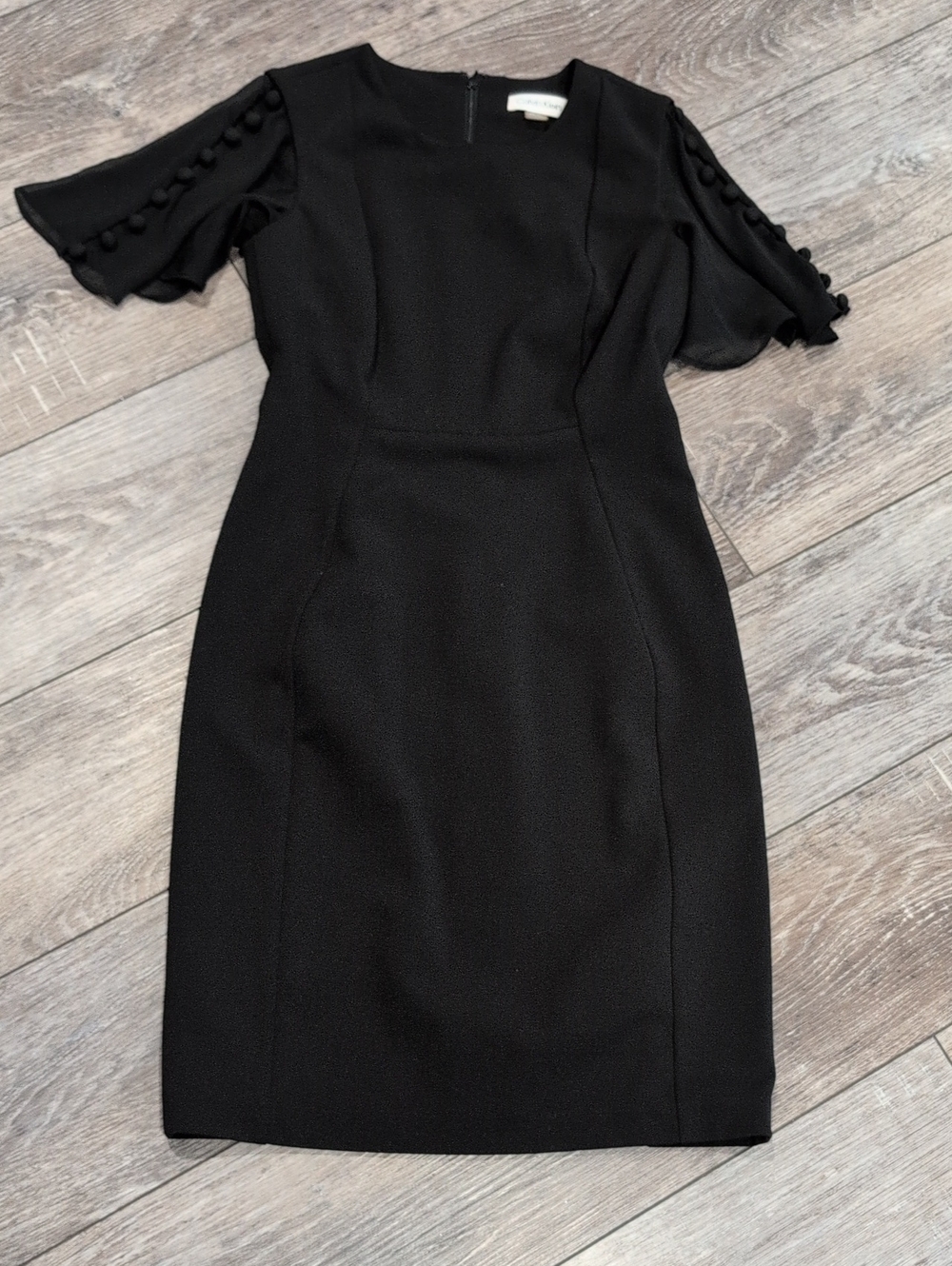 Calvin Klein Black Midi Sheath Dress with Pom-Button Sleeves